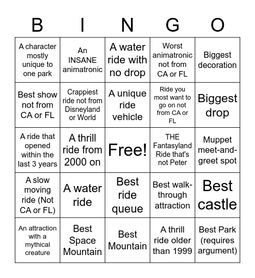 Disney Parks Bingo Card