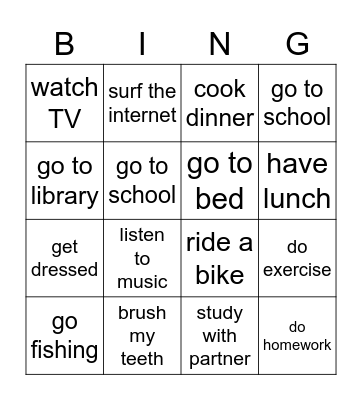 activities Bingo Card