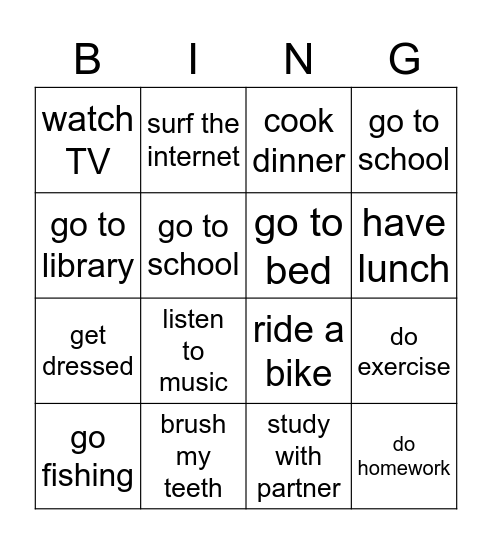 activities Bingo Card