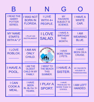 Jack and Jill Juniors "Get to Know You" Bingo Card