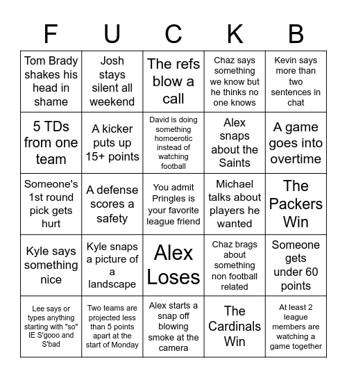 Fuckboys Fantasy Bingo Card