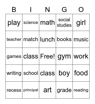 School Bingo Card