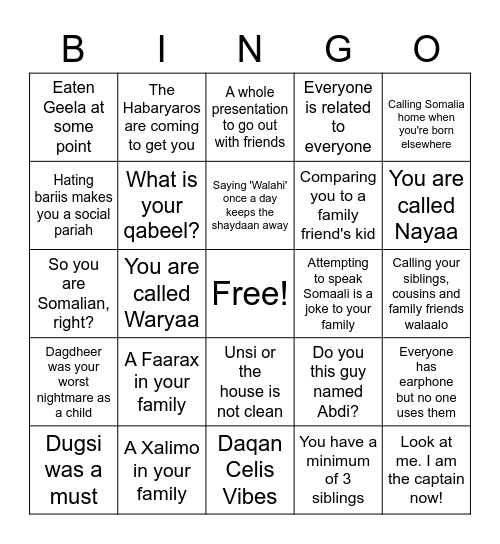 Somali Bingo Card