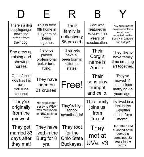 Welcome to Derby Lane Bingo! Bingo Card