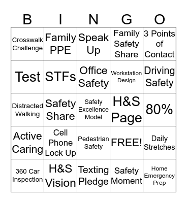 Win the Jeffie Safety Competition Bingo Card