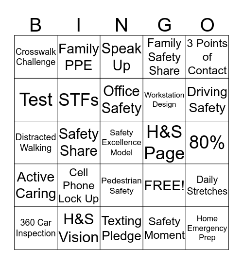 Win the Jeffie Safety Competition Bingo Card