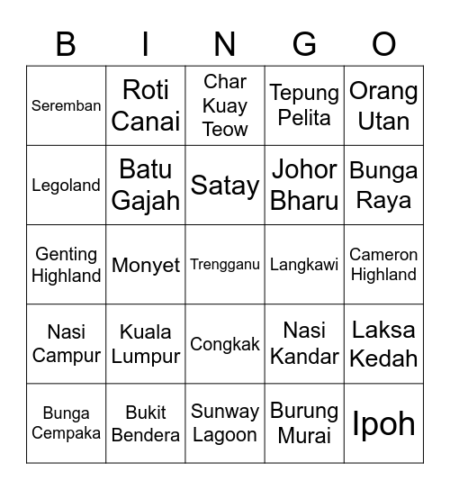 malaysia Bingo Card