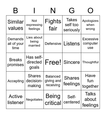 Healthy vs Unhealthy Relationships Bingo Card