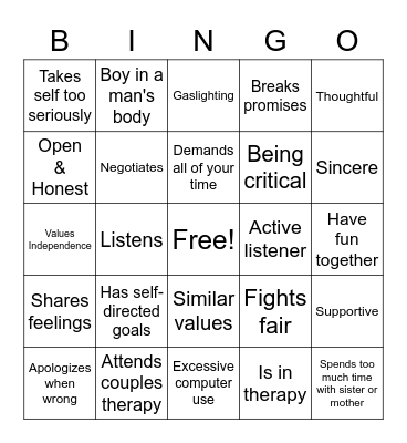 Healthy vs Unhealthy Relationships Bingo Card