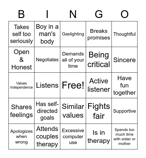 Healthy vs Unhealthy Relationships Bingo Card
