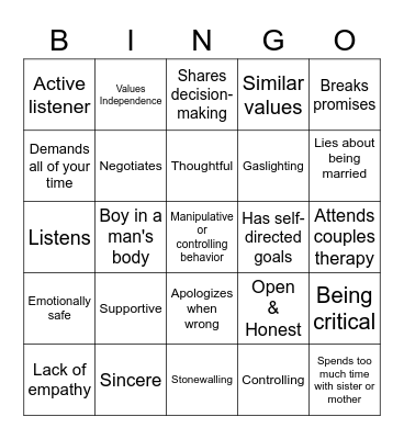 Healthy vs Unhealthy Relationships Bingo Card