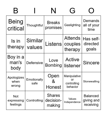 Healthy vs Unhealthy Relationships Bingo Card