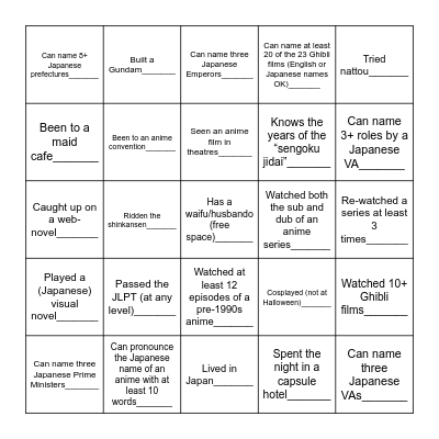 Weeb Bingo Card