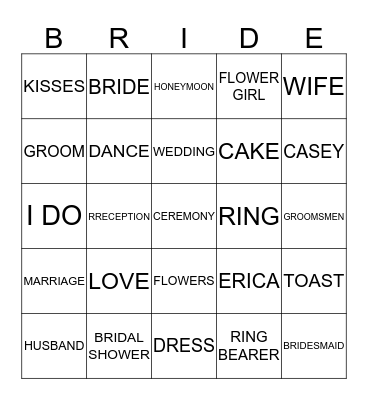 ERICA'S BRIDAL SHOWER Bingo Card