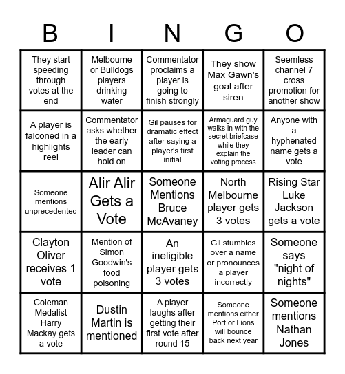 2021 Brownlow Bingo Card