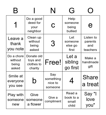 Acts of Kindness Bingo Card