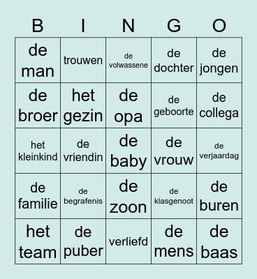 Familie en vrienden Bingo Card