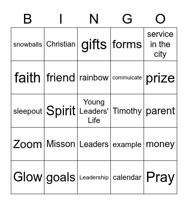 Young Leaders' Life Bingo Card