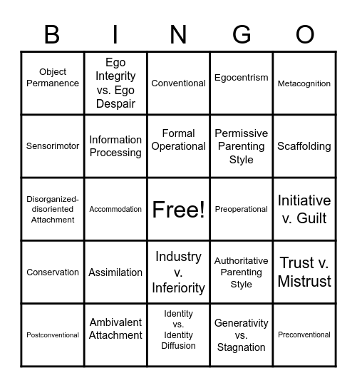 Developmental Psychology Bingo Card