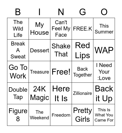 Dance Hits Bingo Card
