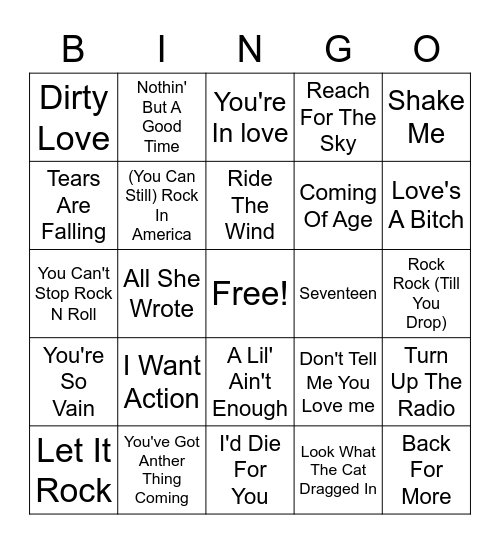 80s Hair Bands Bingo Card