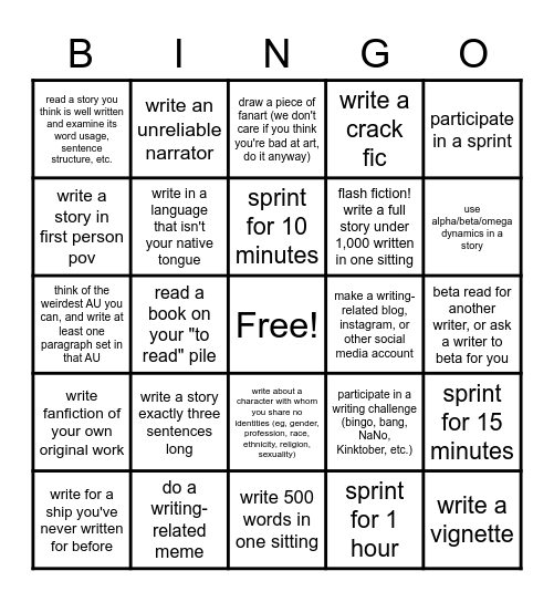 Writer Self-Challenge Bingo! Bingo Card