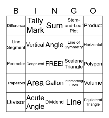 Math Vocabulary Review Bingo Card