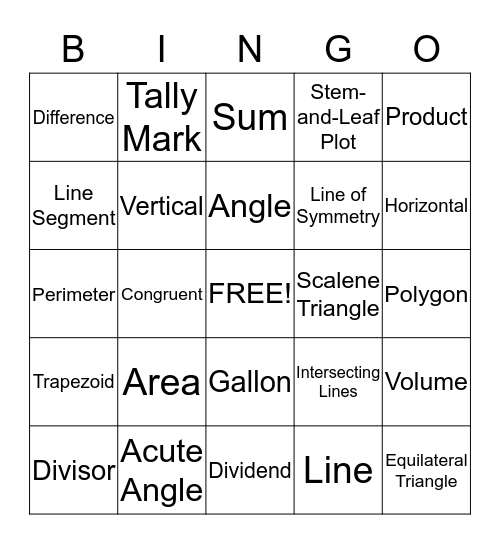 Math Vocabulary Review Bingo Card