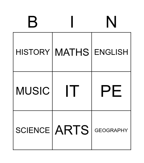 school subjects Bingo Card