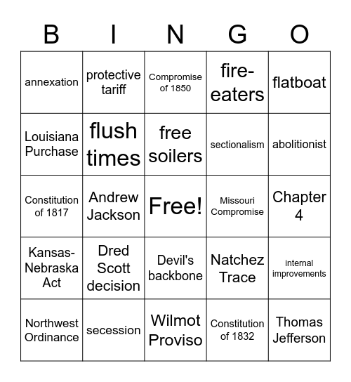 From Territory to Early Statehood, 1798-1860 Bingo Card