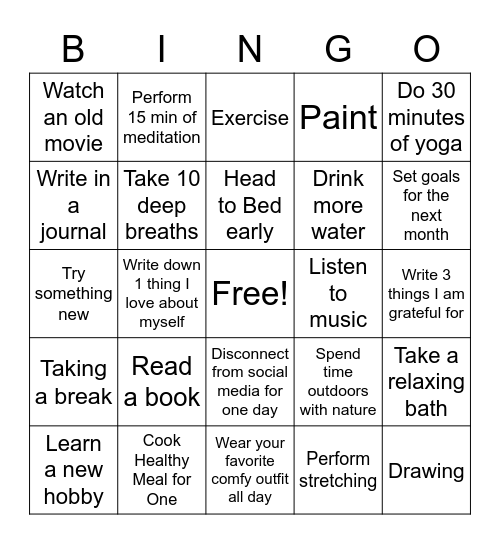 Self Care Bingo Card