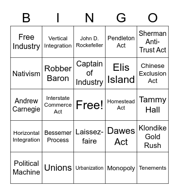 The West & Gilded Age Bingo Card
