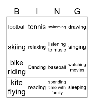 free time activities Bingo Card