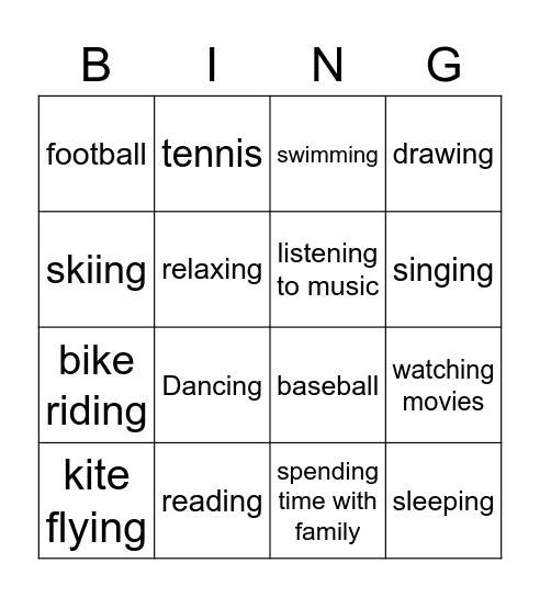 free time activities Bingo Card