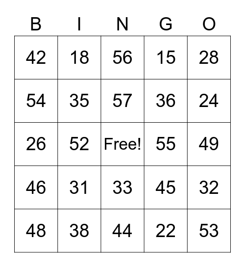 Les numéros Bingo Card