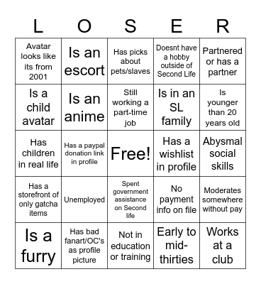 Second Life Bingo Card