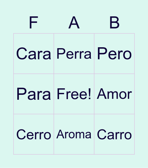 Activity Time Bingo Card