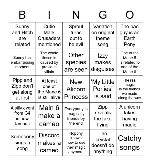 My Little Pony: A New Generation Predictions Bingo Card