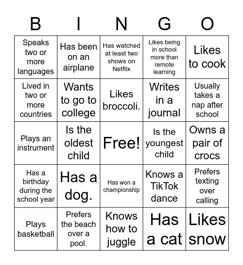 6th Grade Get To Know You BINGO! Bingo Card