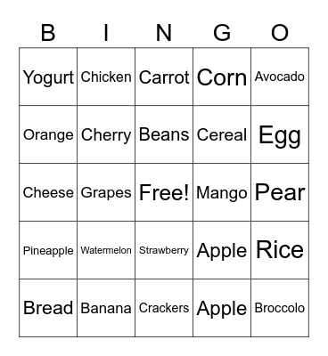 Food groups Bingo Card