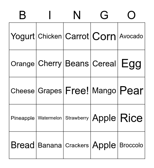 Food groups Bingo Card