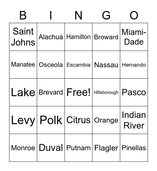 FLORIDA Counties Bingo Card