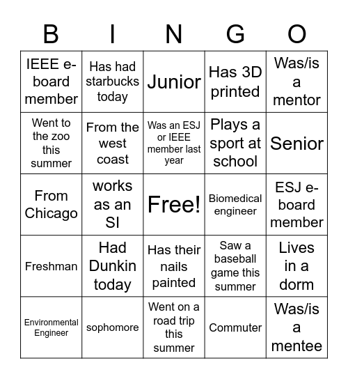 ESJ & IEEE Bingo Card