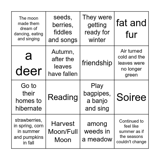 Possum's Harvest Moon Bingo Card
