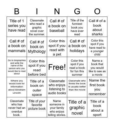 5th grade library Bingo Card