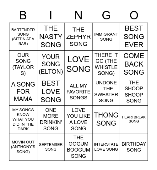 SONG Bingo Card