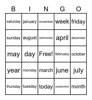 les jour/ les mois Bingo Card