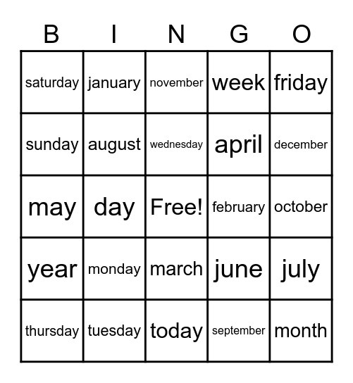 les jour/ les mois Bingo Card