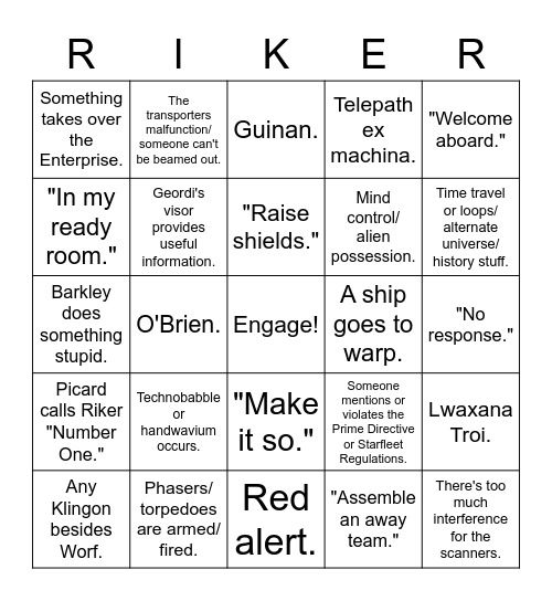 Star Trek: The Next Generation Bingo! Bingo Card