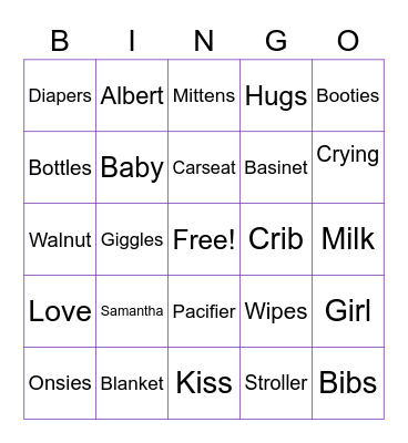 Samantha's Baby Shower Bingo Card